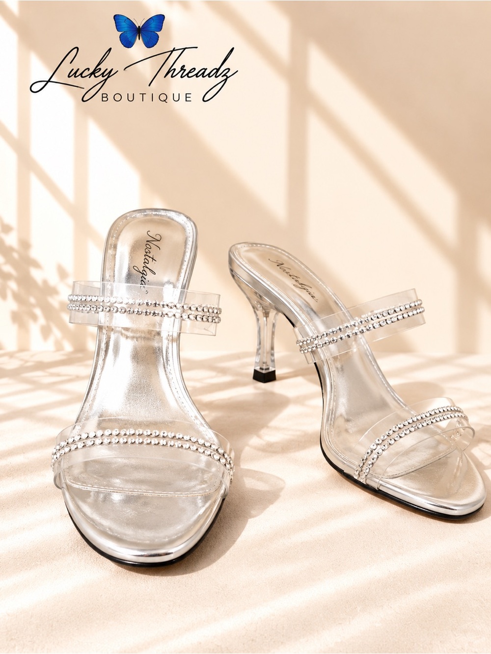⁠Metaphor Silver Clear Strap Rhinestone Block Heels Size 6M⁠
